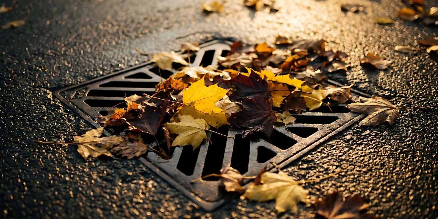 Fallen autumn leaves cluttering a storm drain on a wet pavement, hinting at the changing season and nature's cycle